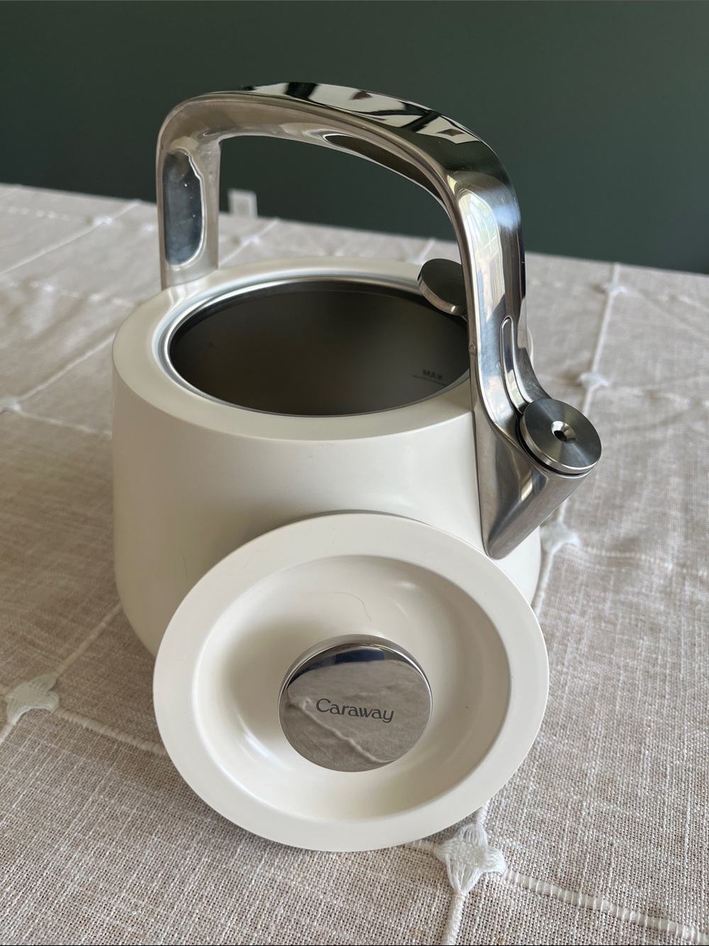 Caraway Modern White Teapot with Stainless Handle and Pot Holder